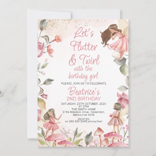 Lets Flutter and Twirl Floral Fairy Birthday Invitation