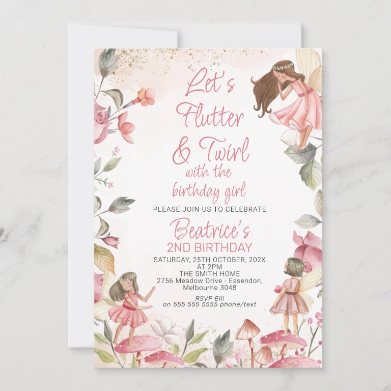 Lets Flutter and Twirl Floral Fairy Birthday Invitation