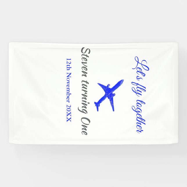 Let's fly together first birthday plane blue silve banner (Horizontal)