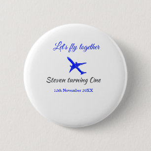 Let's fly together first birthday plane blue silve button