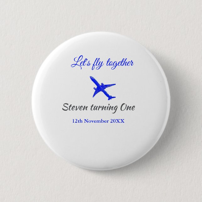 Let's fly together first birthday plane blue silve button (Front)