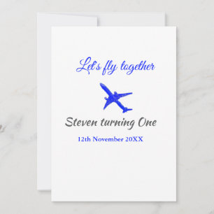 Let's fly together first birthday plane blue silve invitation