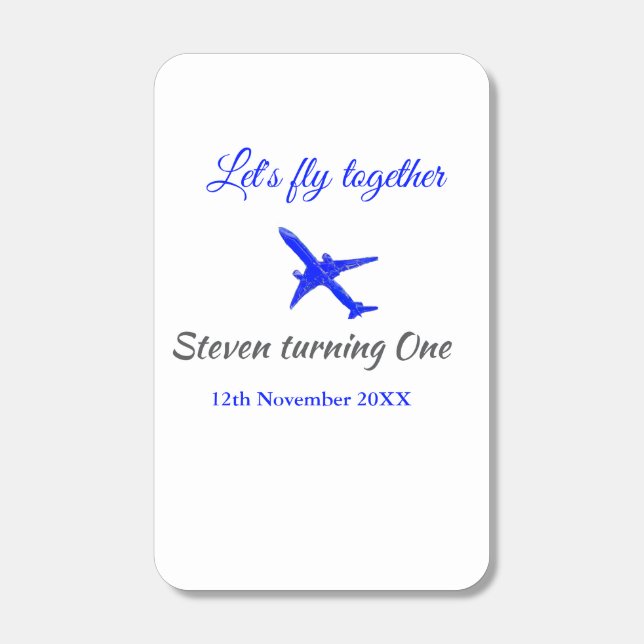 Let's fly together first birthday plane blue silve matchboxes (Front)