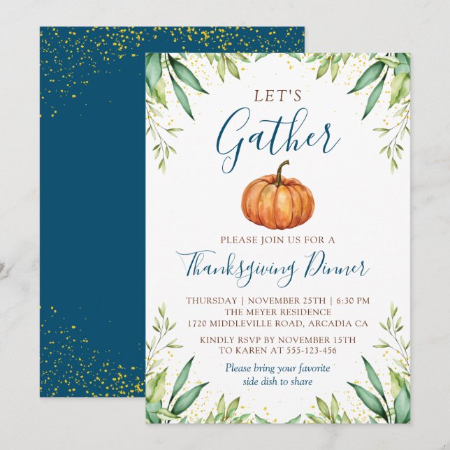 Let's Gather Autumn Pumpkin Thanksgiving Dinner Invitation (Front/Back)