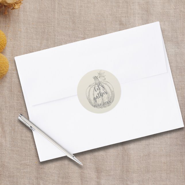 Let's Gather Elegant Rustic Pumpkin Thanksgiving  Classic Round Sticker (Let's Gather Elegant Rustic Pumpkin Thanksgiving Sticker)