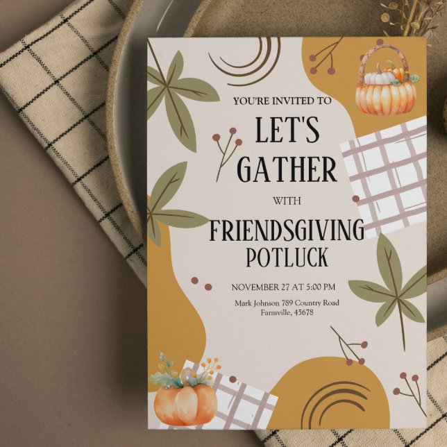 Let's Gather Friendsgiving Potluck Thanksgiving  Invitation (friendsgiving thanksgiving invitations neighborhood picnic dinner feast burnt orange pumpkin freinds)