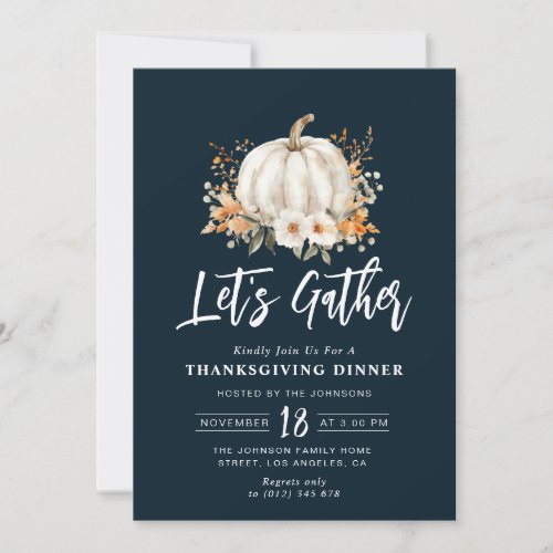 Lets gather navy blue Thanksgiving dinner Invitation