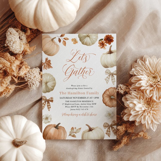 Lets Gather Thanksgiving Dinner Pumpkin Bows Invitation (Let's Gather! Thanksgiving invitation with rustic pumpkins and bows. )