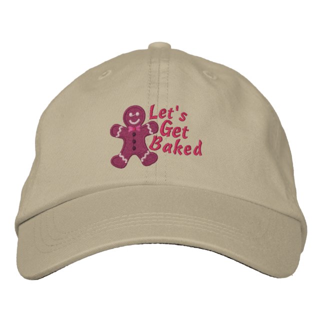 Let's Get Baked says Gingerbread Man in pink Embroidered Baseball Hat (Front)