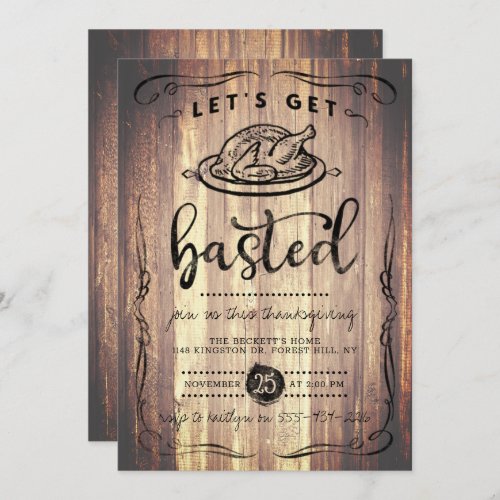 Lets Get Basted Rustic Wood Thanksgiving Invitation