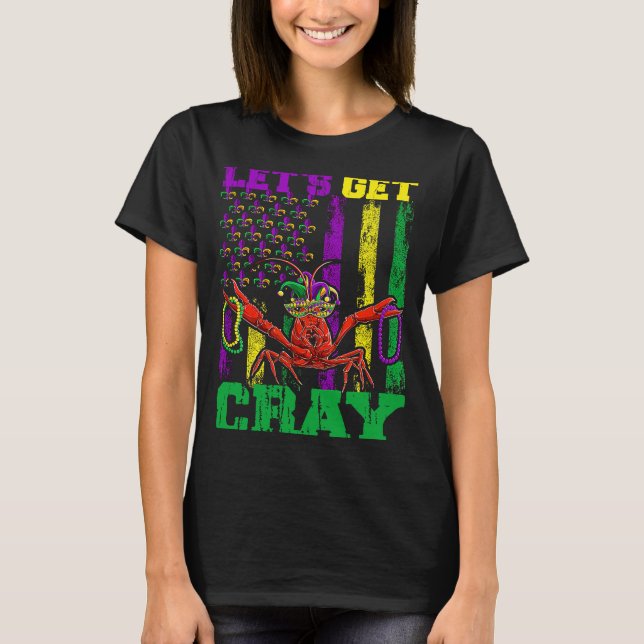 Let's Get Clay Crawfish Beads Mardi Gras Flag T-Shirt (Front)