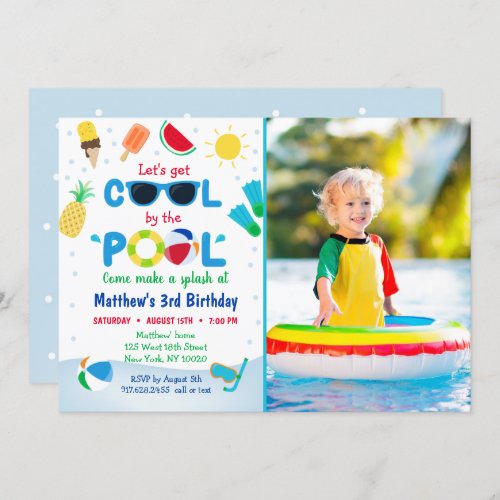 Lets Get Cool Boys Pool Party Birthday Invitation