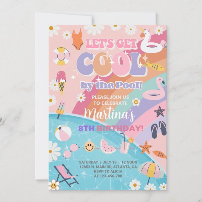 Let's get cool by the pool groovy birthday. invitation (Front)