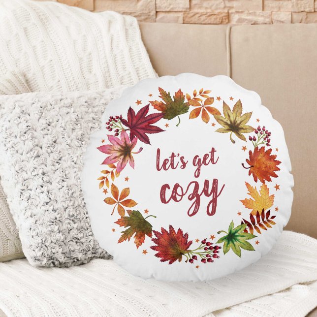 Let's Get Cozy Autumn Fall Leaves Harvest Wreath Round Pillow (Let's Get Cozy Autumn Fall Leaves Harvest Wreath Round Pillow)