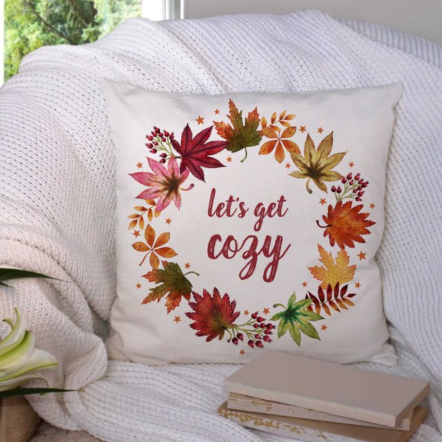 Let's Get Cozy Autumn Harvest Fall Leaves Wreath Throw Pillow (Let's Get Cozy Autumn Harvest Fall Leaves Wreath Throw Pillow)