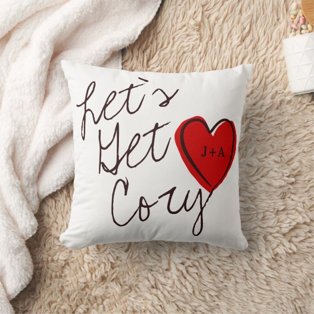 Let's Get Cozy Custum Couple Quote Red & White Throw Pillow (Blanket)