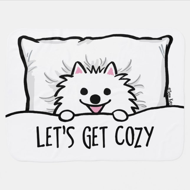Let's Get Cozy Cute White Pomeranian  Baby Blanket (Horizontal)