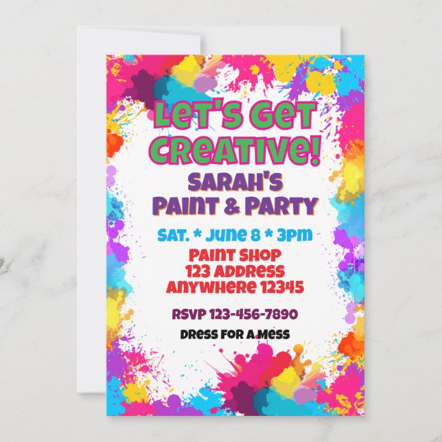 Let's Get Creative Colorful Paint Birthday Invitation (Front)