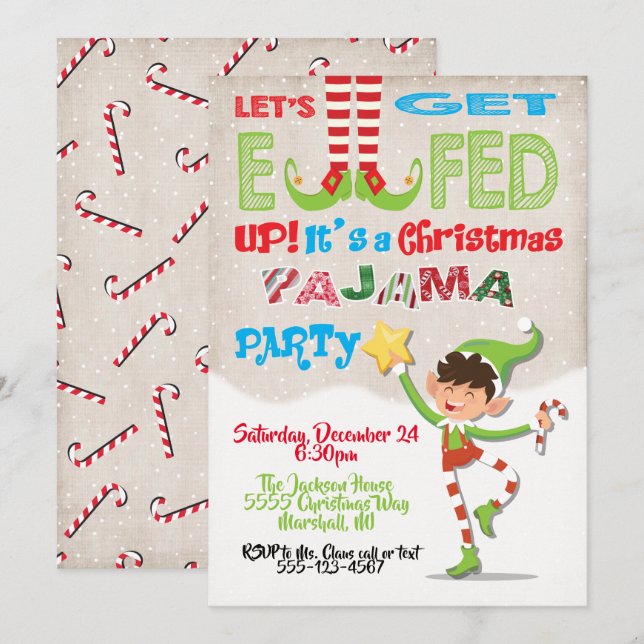 Let's Get Elfed Up Chrismas Party Elf invitation (Front/Back)