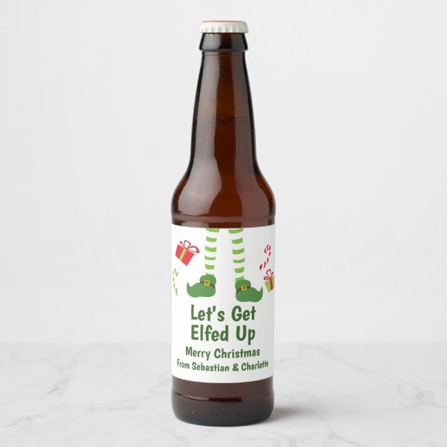 Lets Get Elfed Up Christmas Humor Personalized Beer Bottle Label (Front)