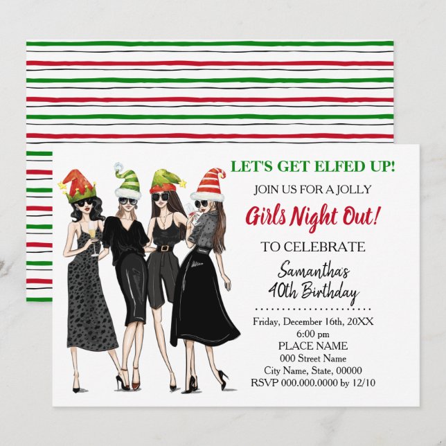 Let's Get Elfed Up Christmas night out Birthday Invitation (Front/Back)
