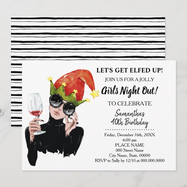 Lets Get Elfed Up Christmas night out Birthday Invitation (Front/Back)