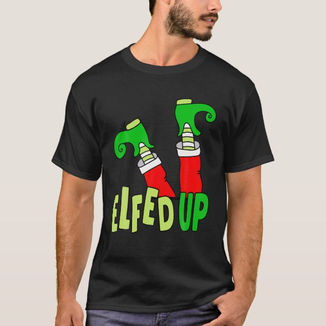 Lets Get Elfed Up, Drunk Elf Falling Down, Funny E T-Shirt (Front)