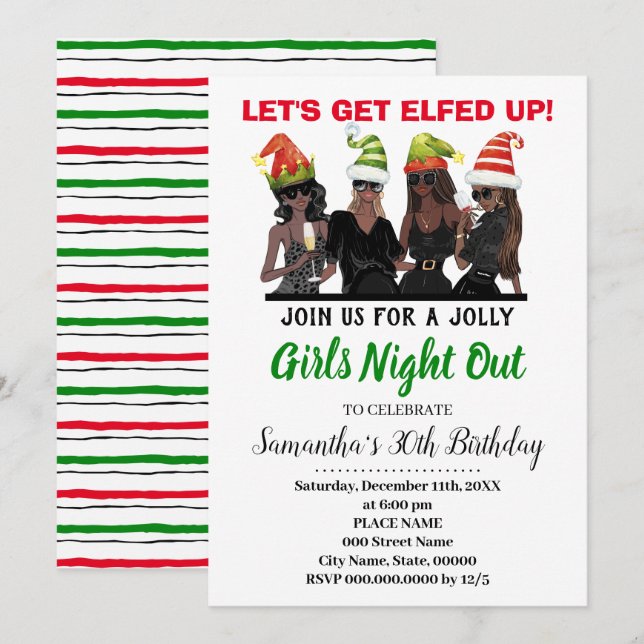 Lets Get Elfed Up Girls night out Birthday Xmas Invitation (Front/Back)