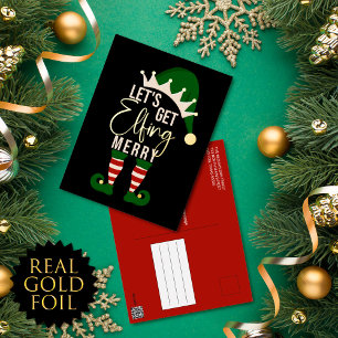Let's Get Elfing Merry Elf Christmas Gold Foil Hol Holiday Postcard