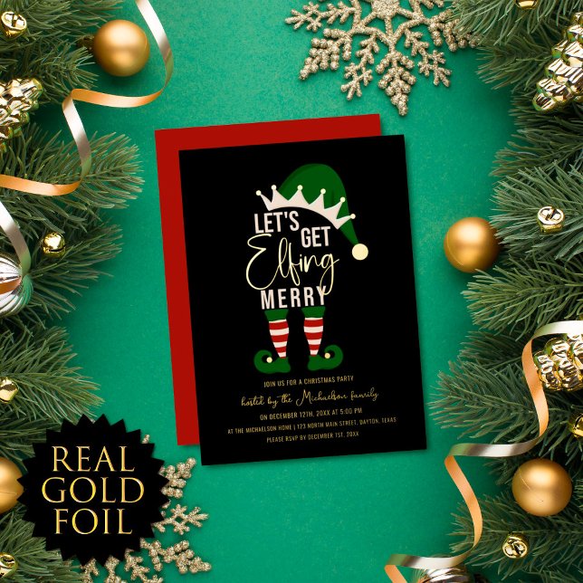 Let's Get Elfing Merry Elf Christmas Gold Foil Holiday Card (Creator Uploaded)