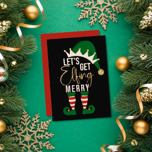 Let's Get Elfing Merry Elf Gold Glitter Christmas Holiday Card