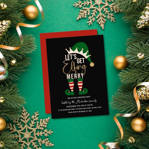 Lets Get Elfing Merry Elf Gold Glitter Christmas  Invitation