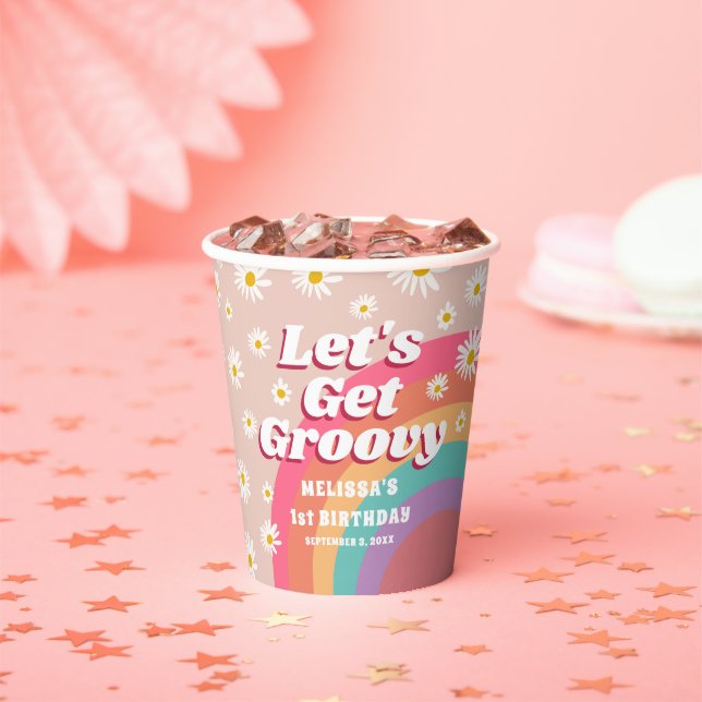 Let's Get Groovy Colorful Rainbow & Daisy Birthday Paper Cups (Insitu)