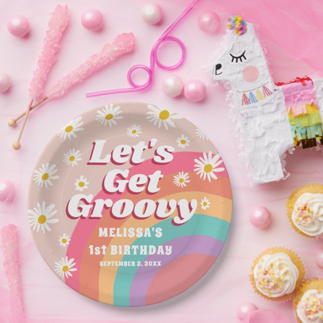 Let's Get Groovy Colorful Rainbow & Daisy Birthday Paper Plates (Party)