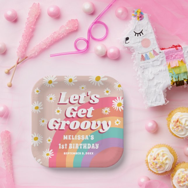 Let's Get Groovy Colorful Rainbow Daisy Birthday Paper Plates (Party)