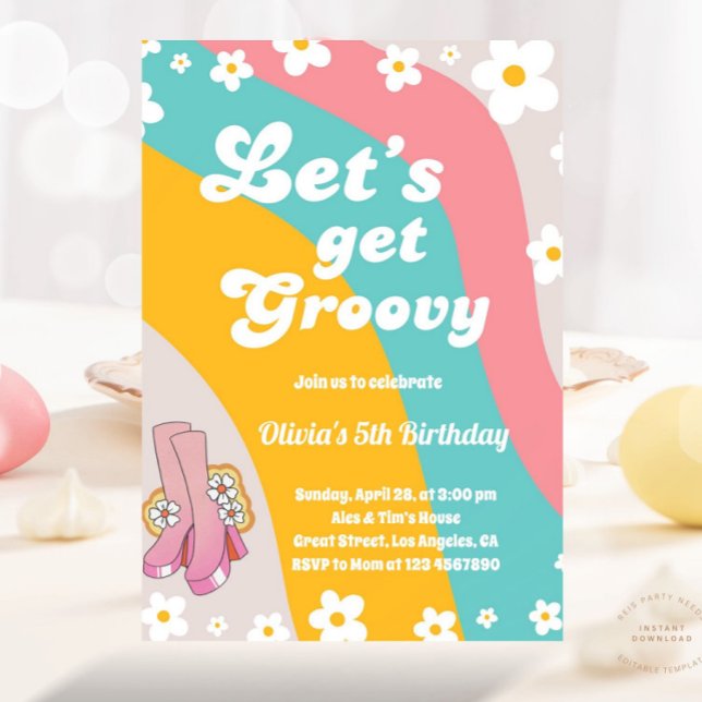 Let's Get Groovy Daisy Rainbow Hippie Retro Birth Invitation (Creator Uploaded)