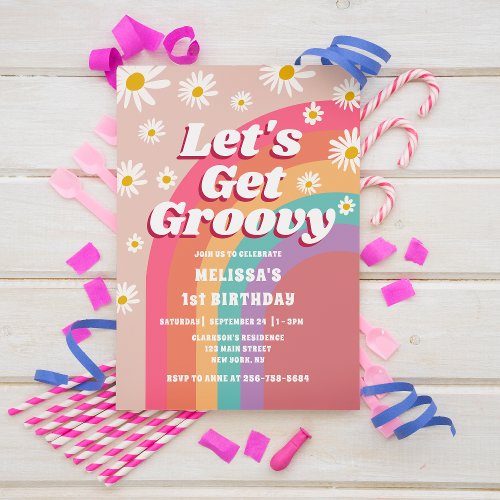 Lets Get Groovy Daisy Rainbow Retro Birthday Invitation