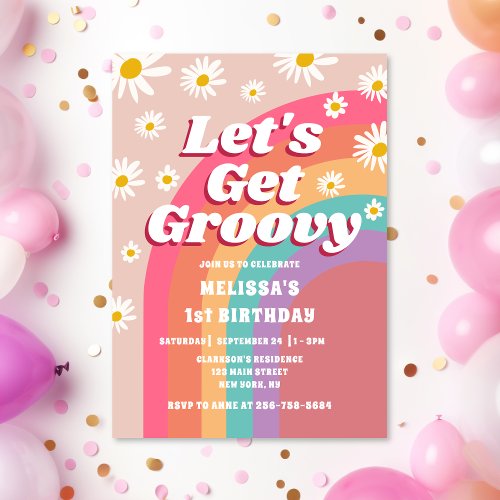 Lets Get Groovy Daisy Rainbow Retro Birthday Invitation