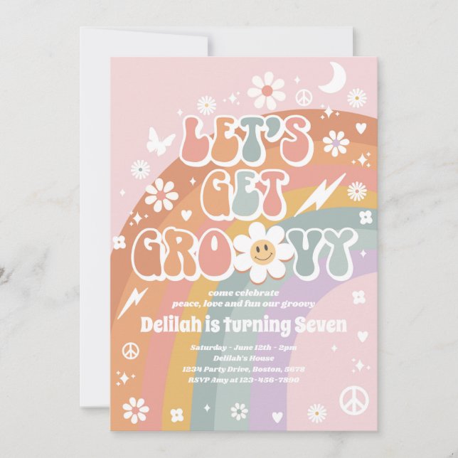 Let's Get Groovy Hippie Rainbow 70s Birthday Party Invitation (Front)