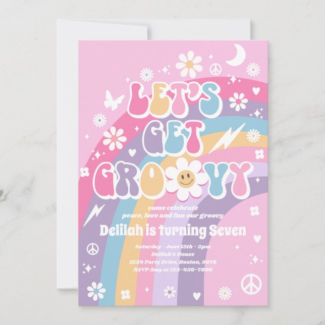 Let's Get Groovy Hippie Rainbow 70s Birthday Party Invitation (Front)