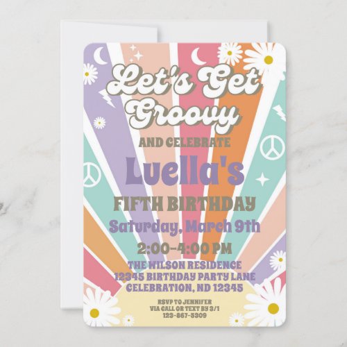 Lets Get Groovy Hippy Sun  Daisy Girls Birthday Invitation