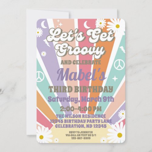 Lets Get Groovy Hippy Sun  Daisy Girls Birthday  Invitation