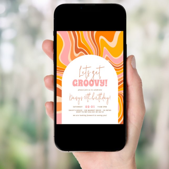 Let's Get Groovy Pink & Orange Arch Girl Birthday Invitation (Front Digital)