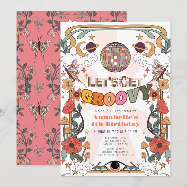 Let's Get Groovy Psychedelic Retro Girl Birthday Invitation (Front/Back)