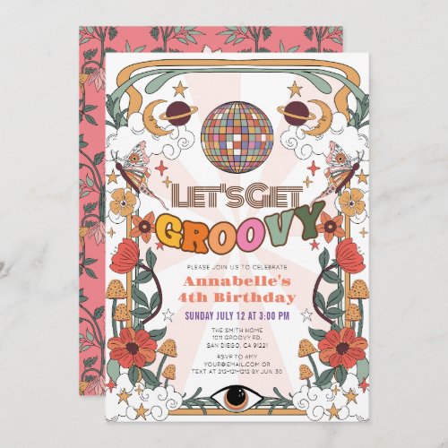 Lets Get Groovy Psychedelic Retro Girl Birthday Invitation