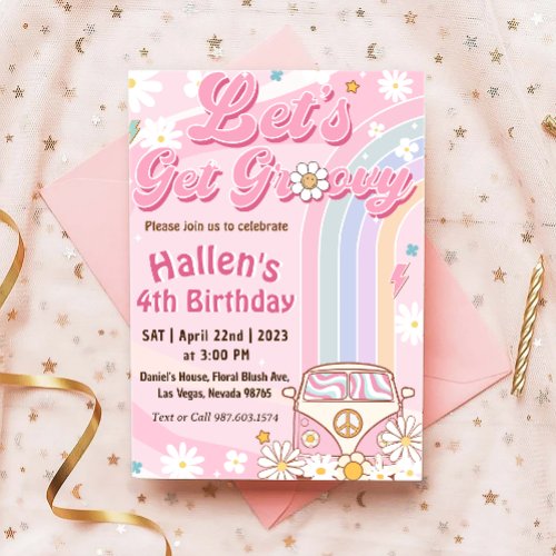 Lets Get Groovy Retro Boho Daisy Rainbow Birthday Invitation