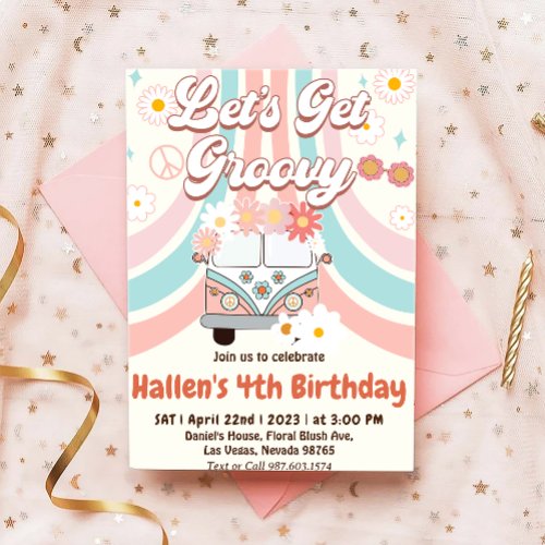Lets Get Groovy Retro Boho Daisy Rainbow Birthday Invitation