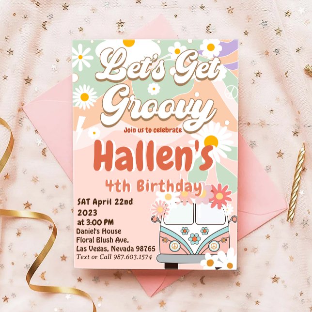 Let's Get Groovy Retro Boho Daisy Rainbow Birthday Invitation (Creator Uploaded)