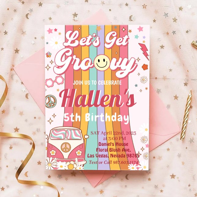 Let's Get Groovy Retro Boho Daisy Rainbow Birthday Invitation (Creator Uploaded)