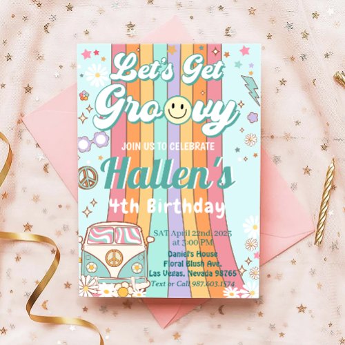 Lets Get Groovy Retro Boho Daisy Rainbow Birthday Invitation